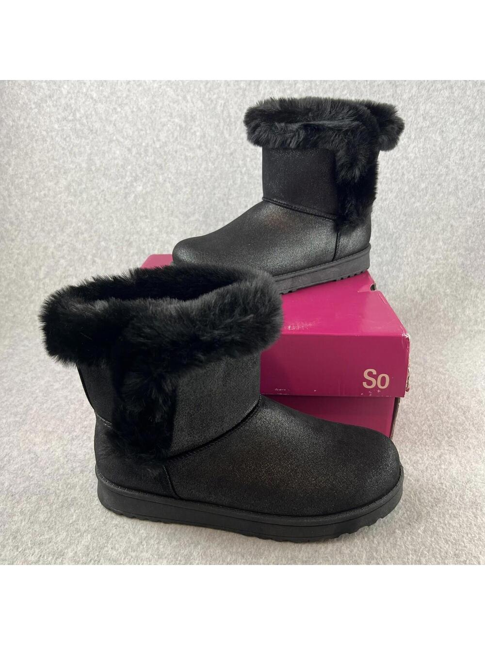 SO Ankle Boots Pull On Womens 8 Faux Fur Trim Shimmer Winter